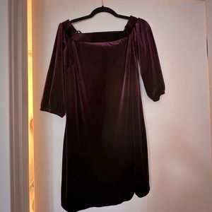 Plum velvet off the shoulder dress